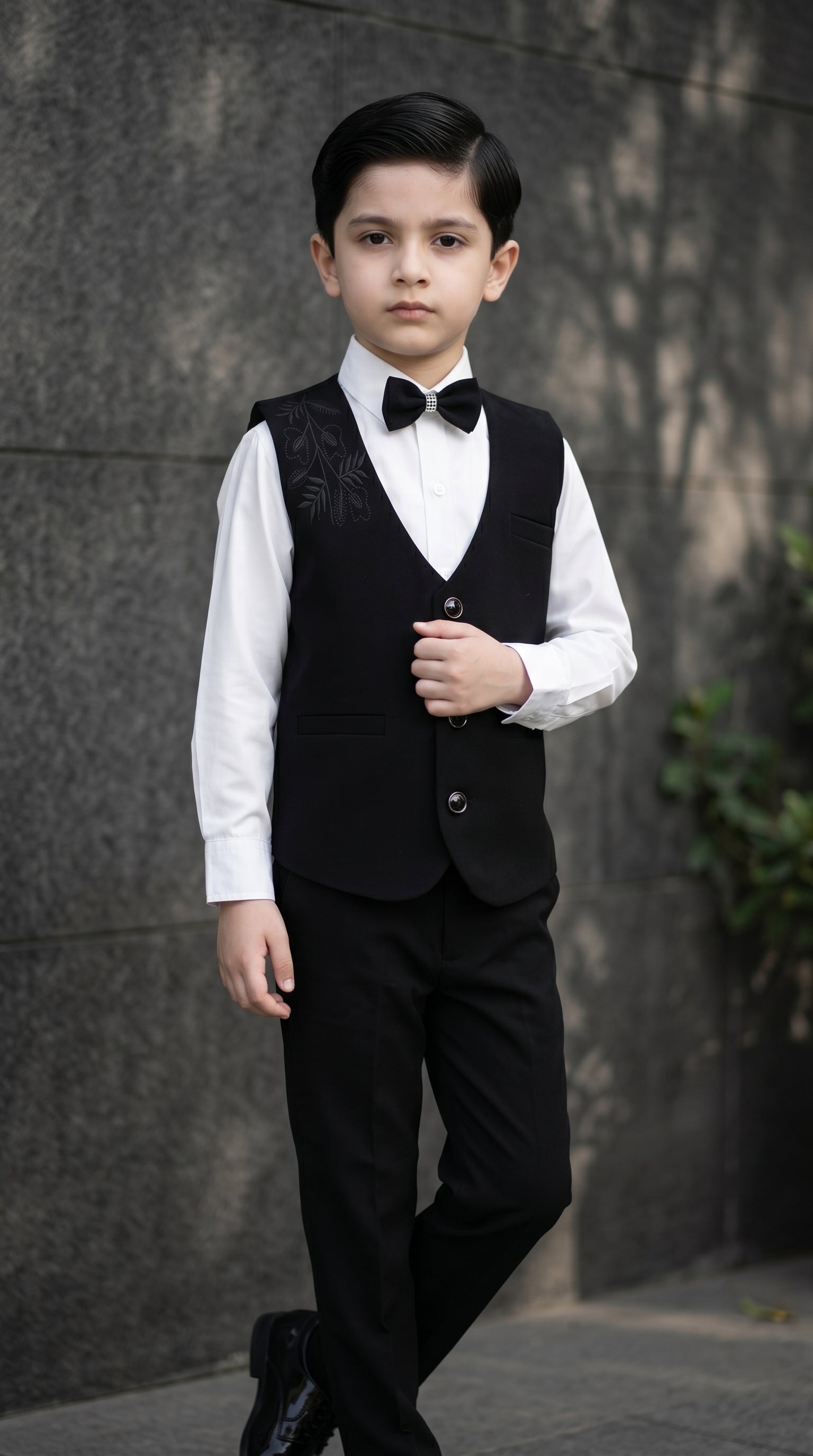 Ahhaaaa Boys 3-Piece Formal Waistcoat Suit Set with Shirt & Bow Tie - Black, Navy, Wine (2-8 Years)