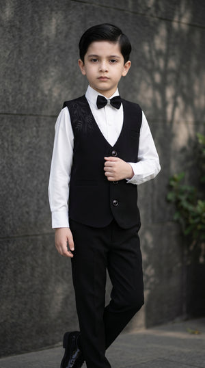 Ahhaaaa Boys 3-Piece Formal Waistcoat Suit Set with Shirt & Bow Tie - Black, Navy, Wine (2-8 Years)