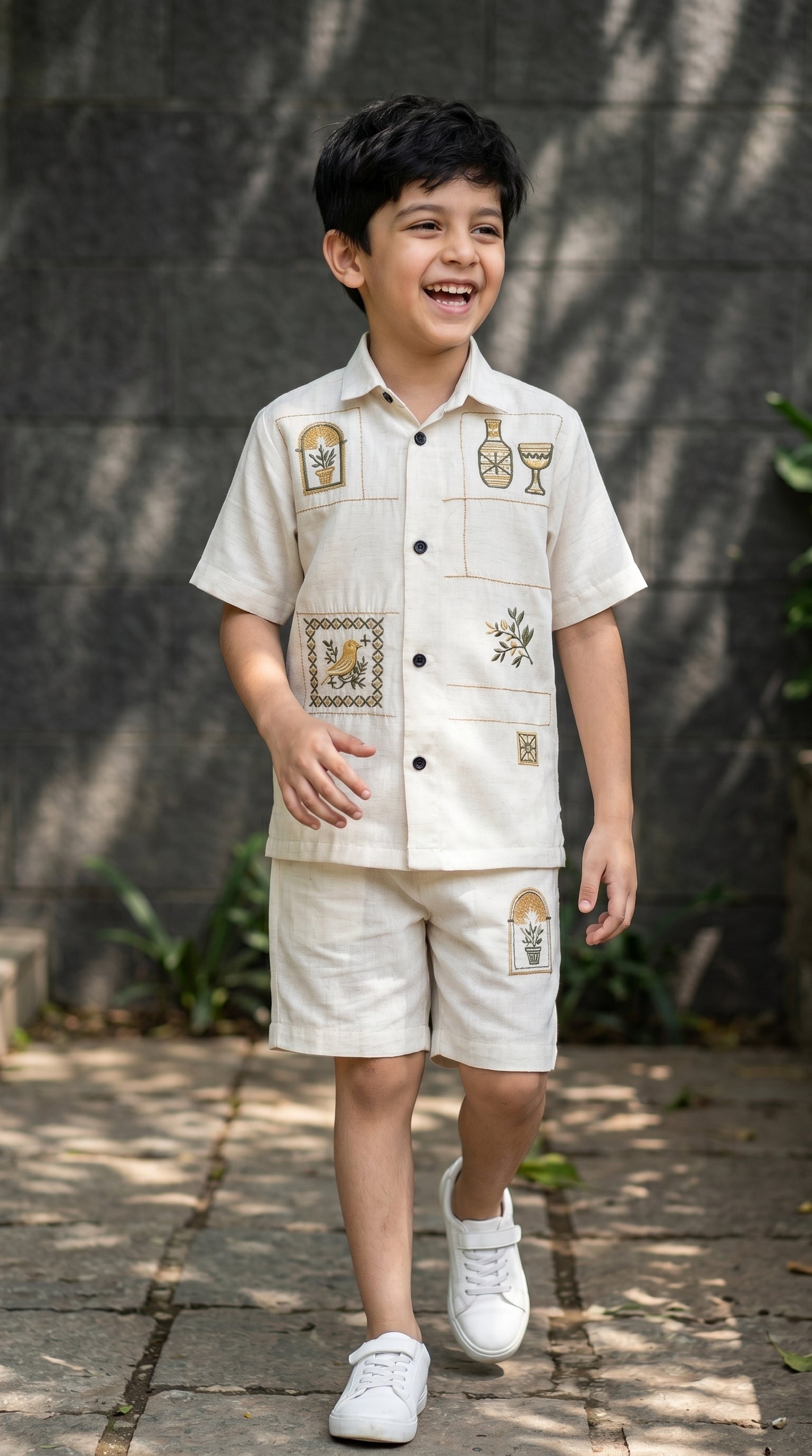 Ahhaaaa Boys Embroidered Summer Co-ord Set - Beige Shirt & Shorts (1-7 Years)