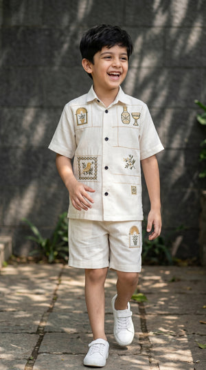 Ahhaaaa Boys Embroidered Summer Co-ord Set - Beige Shirt & Shorts (1-7 Years)