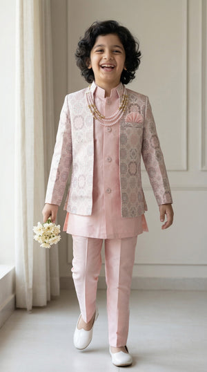 Ahhaaaa Boys' Royal Ethnic Printed Blazer with Sleeveless Kurta, Trouser & Maala Set (2-10 Years)