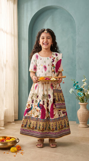 Ahhaaaa Girls' Peacock Kalamkari Print Chaniya Choli | Festive Lehenga Blouse & Draped Dupatta 3-Piece Set