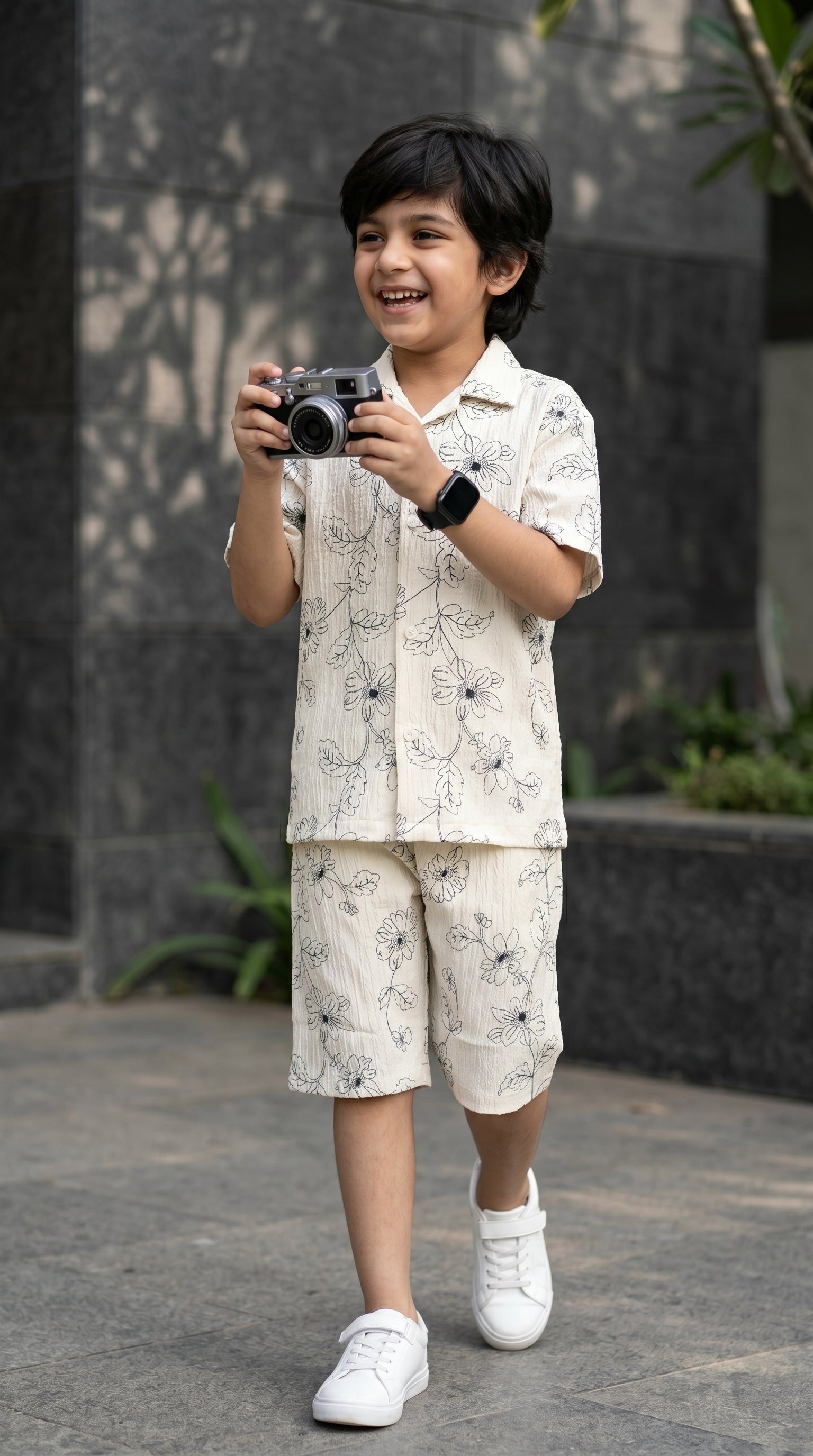 Ahhaaaa Boys 2-Piece Botanical Line-Art Co-ord Set - Shirt & Shorts (Green, Grey, Purple)