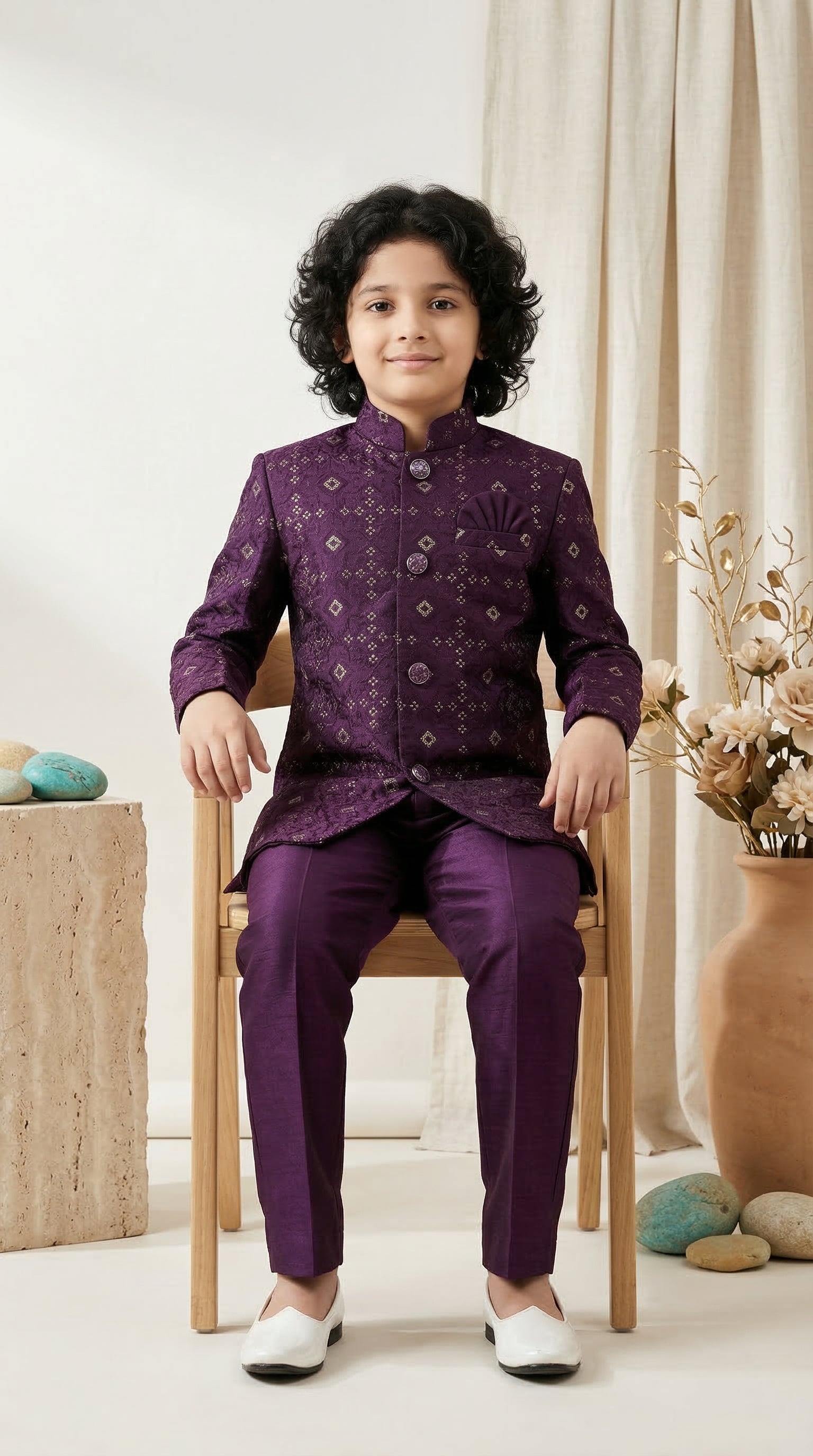 Ahhaaaa Boys Designer Jodhpuri Bandhgala Suit Set - Wine, Pink, Cream (2-11 Years)