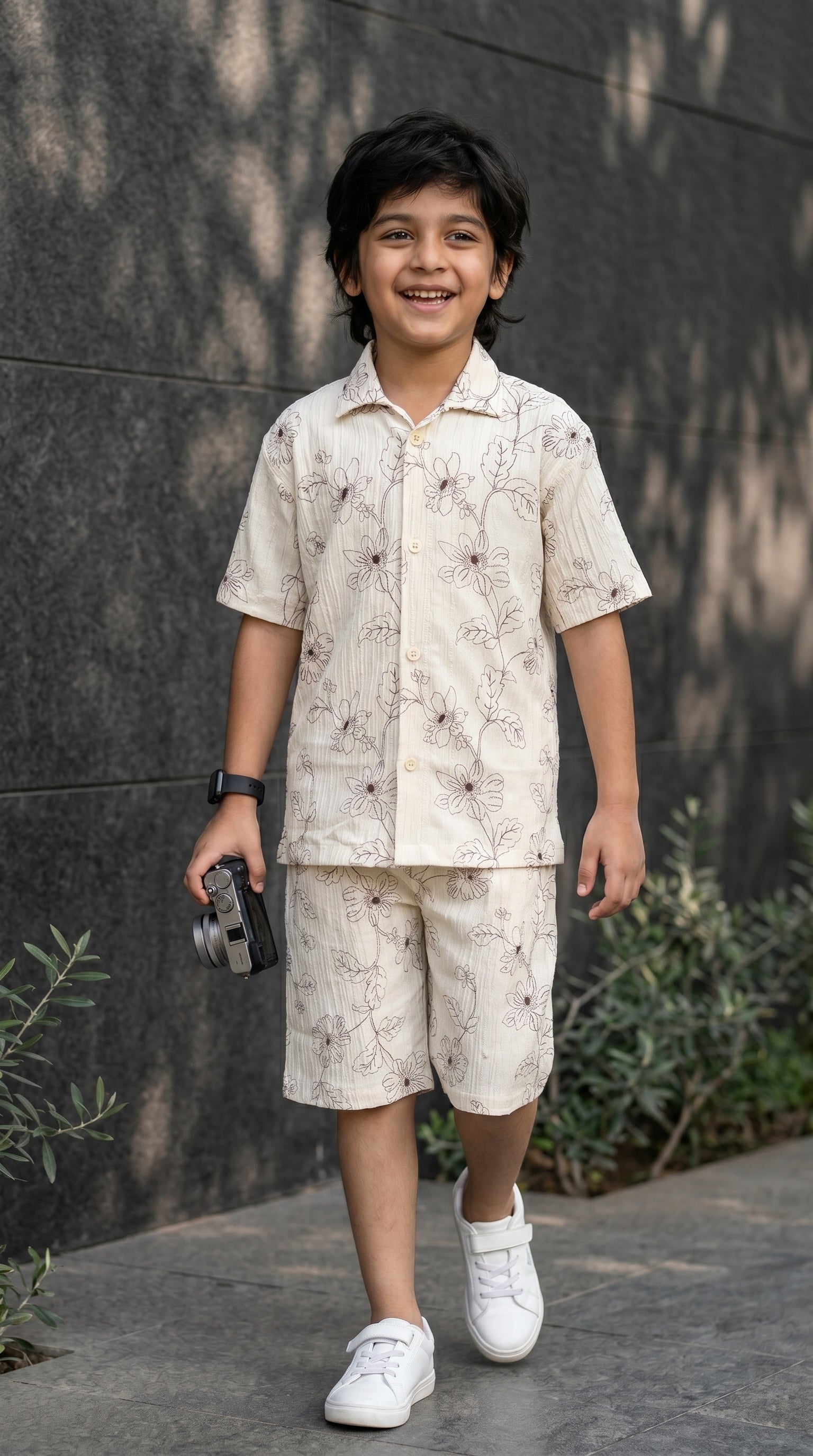 Ahhaaaa Boys 2-Piece Botanical Line-Art Co-ord Set - Shirt & Shorts (Green, Grey, Purple)