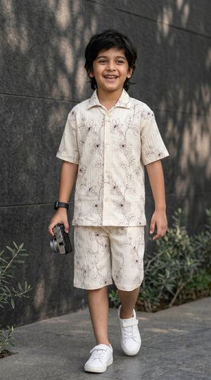 Ahhaaaa Boys 2-Piece Botanical Line-Art Co-ord Set - Shirt & Shorts (Green, Grey, Purple)