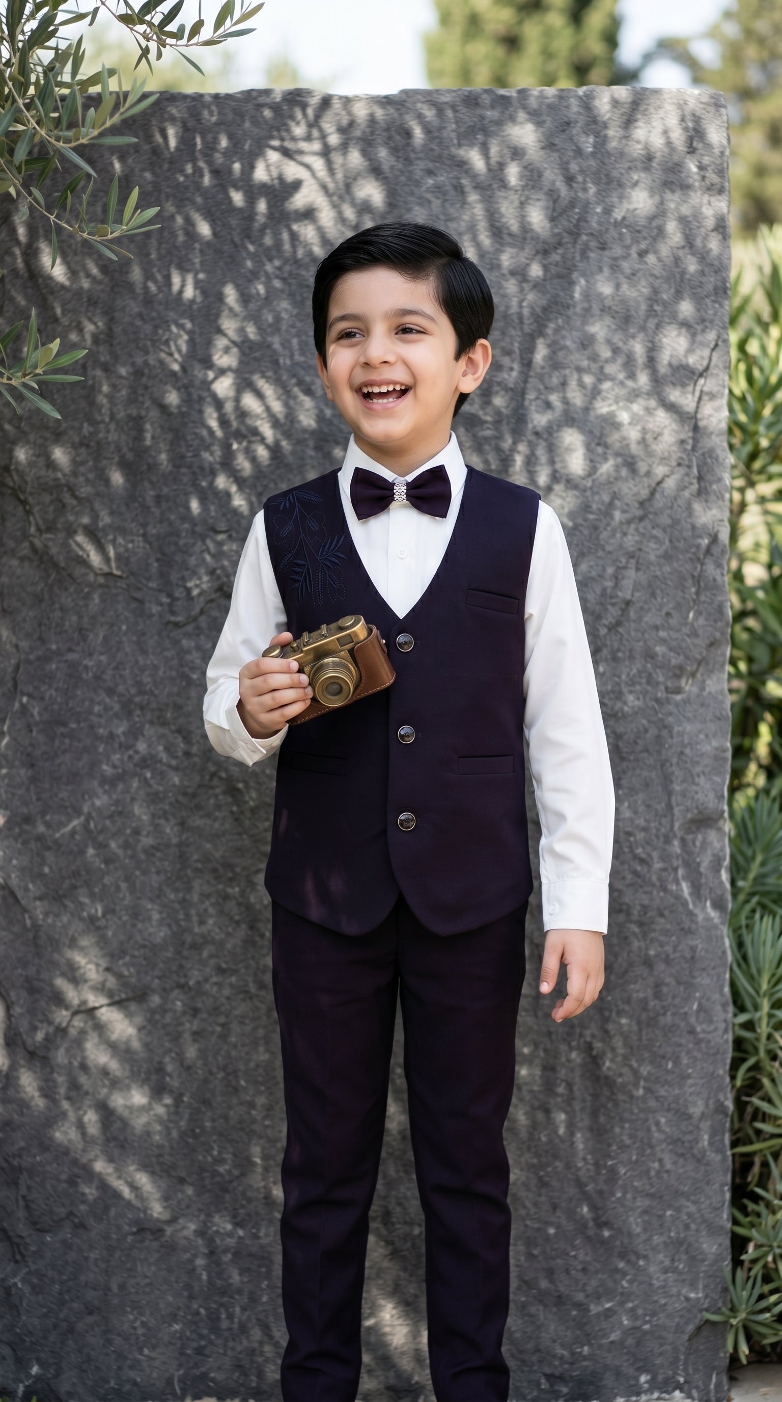 Ahhaaaa Boys 3-Piece Formal Waistcoat Suit Set with Shirt & Bow Tie - Black, Navy, Wine (2-8 Years)