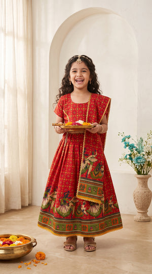 Ahhaaaa Girls' Traditional Dandiya Print Chaniya Choli | Festive Lehenga Blouse & Draped Dupatta 3-Piece Set