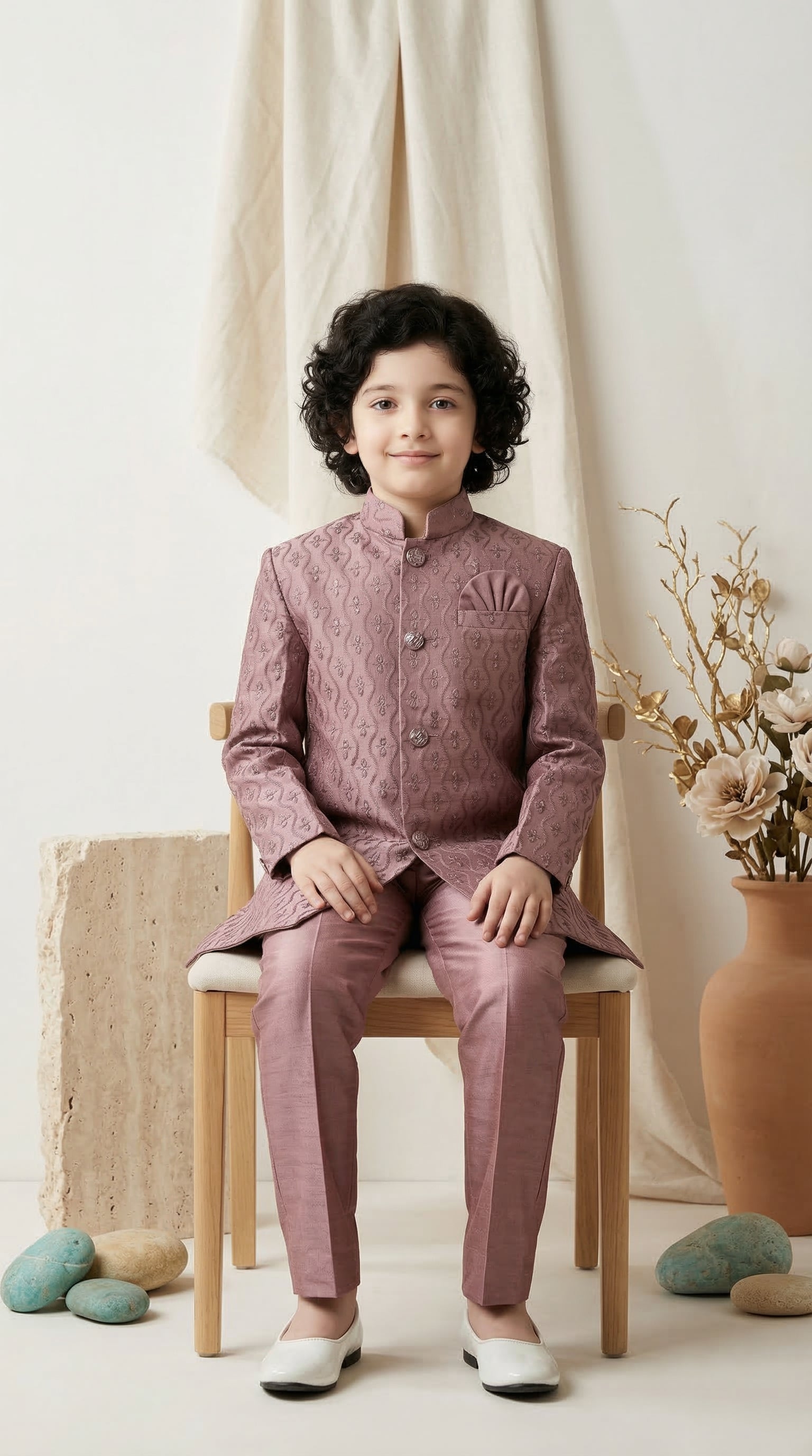 Ahhaaaa Boys Designer Jodhpuri Bandhgala Suit Set - Green, Pink, Cream (2-11 Years)