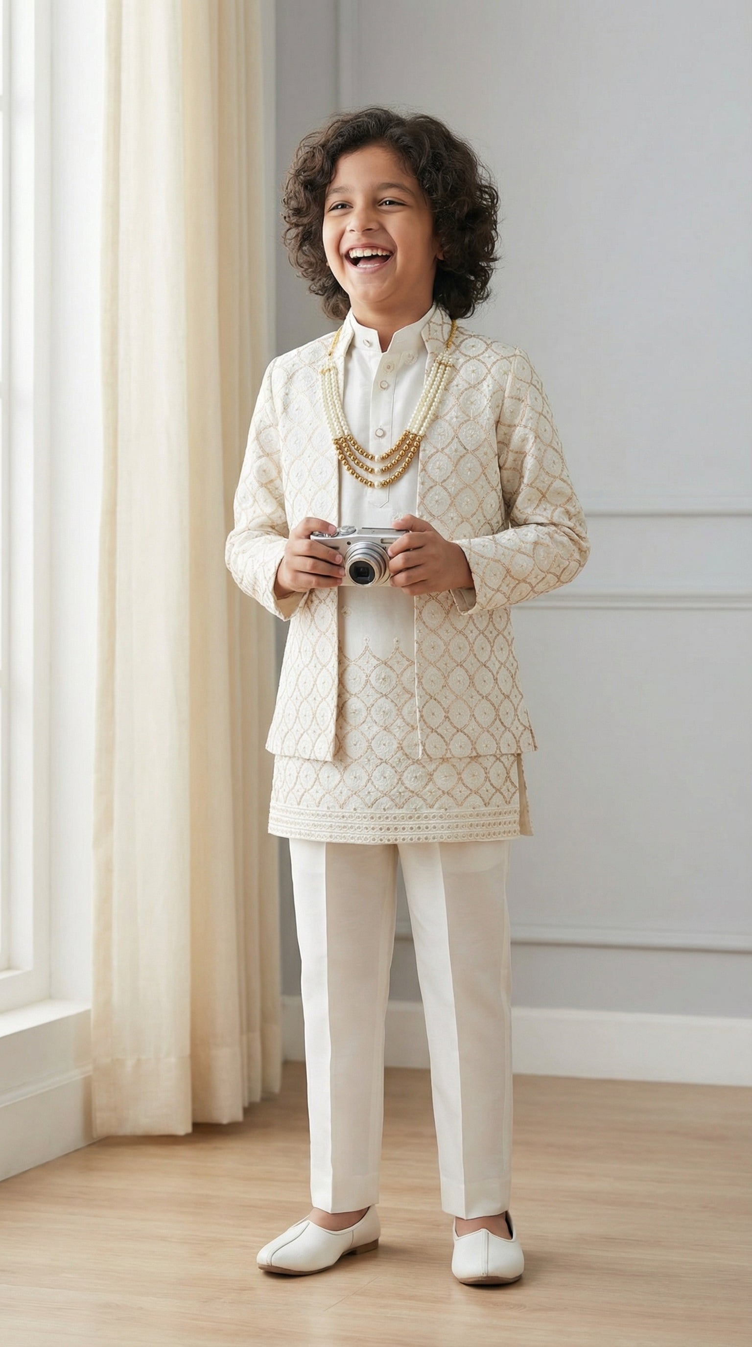 Ahhaaaa Boys 3-Piece Indo-Western Set with Embroidered Jacket & Kurta - Black, Pink, White (2-11 Years)