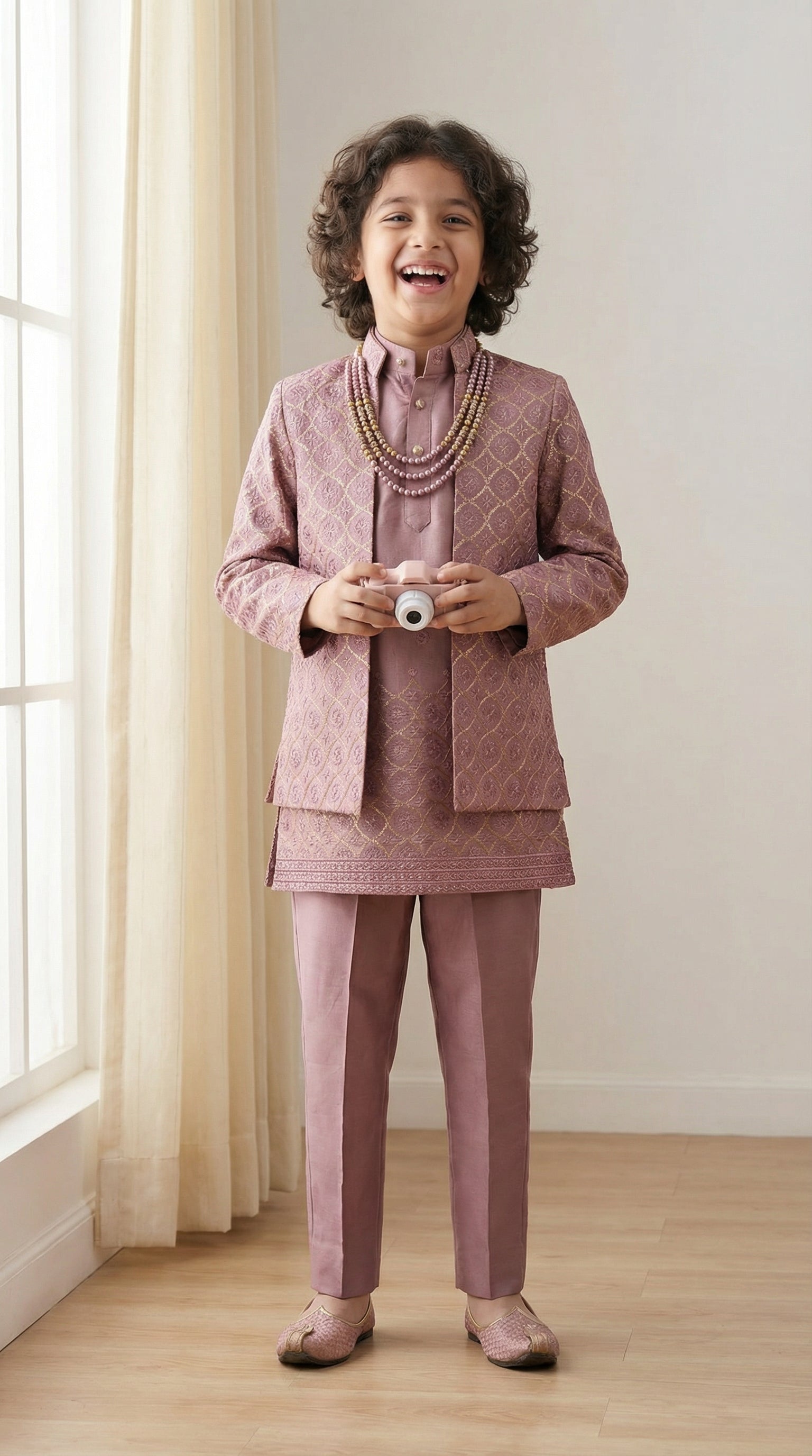 Ahhaaaa Boys 3-Piece Indo-Western Set with Embroidered Jacket & Kurta - Black, Pink, White (2-11 Years)