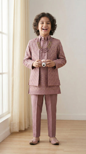 Ahhaaaa Boys 3-Piece Indo-Western Set with Embroidered Jacket & Kurta - Black, Pink, White (2-11 Years)
