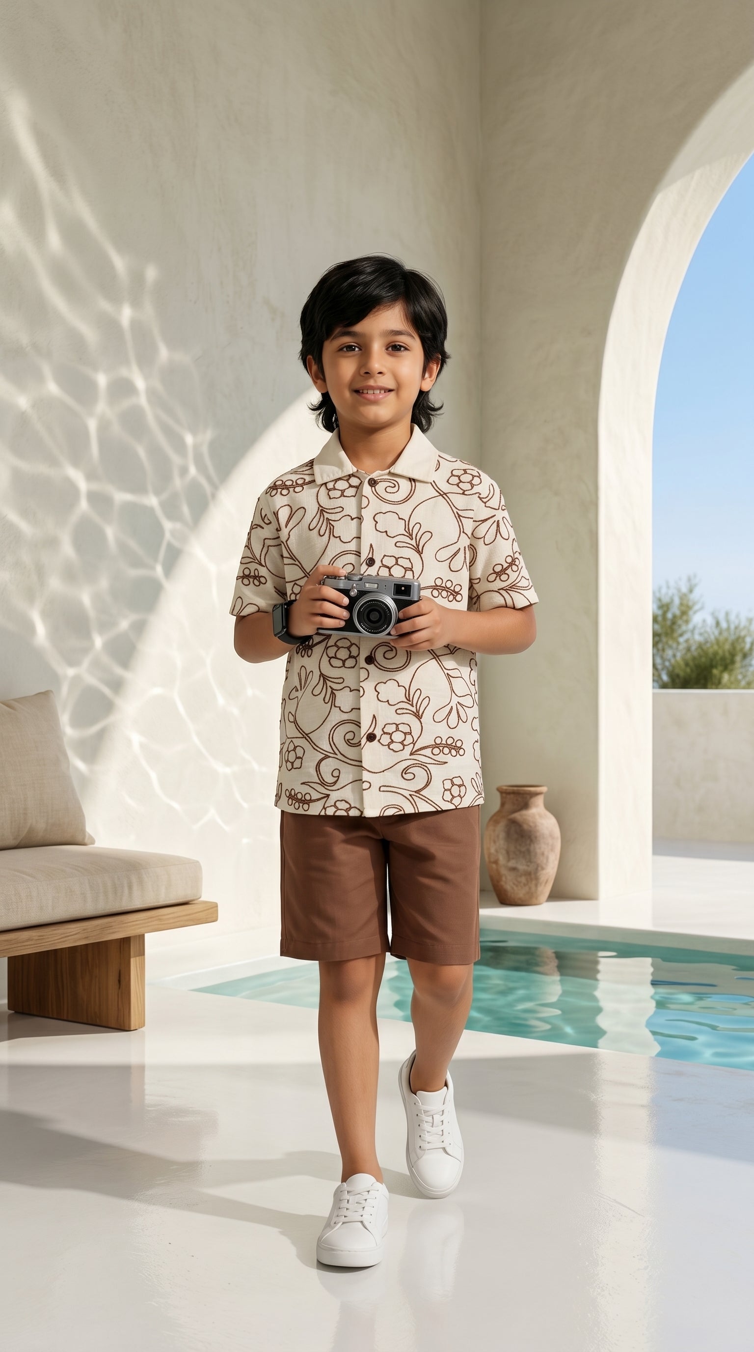 Ahhaaaa Boys 2-Piece Embroidered Floral Vine Co-ord Set - Brown, Green, Grey (2-12 Years)