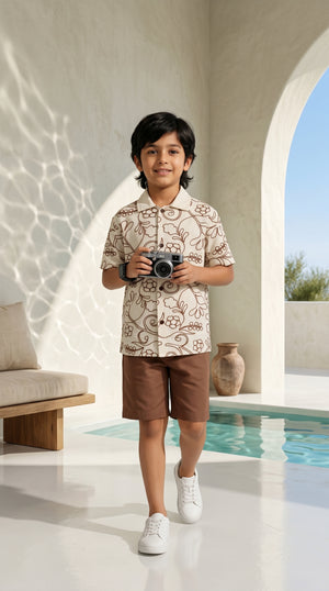 Ahhaaaa Boys 2-Piece Embroidered Floral Vine Co-ord Set - Brown, Green, Grey (2-12 Years)