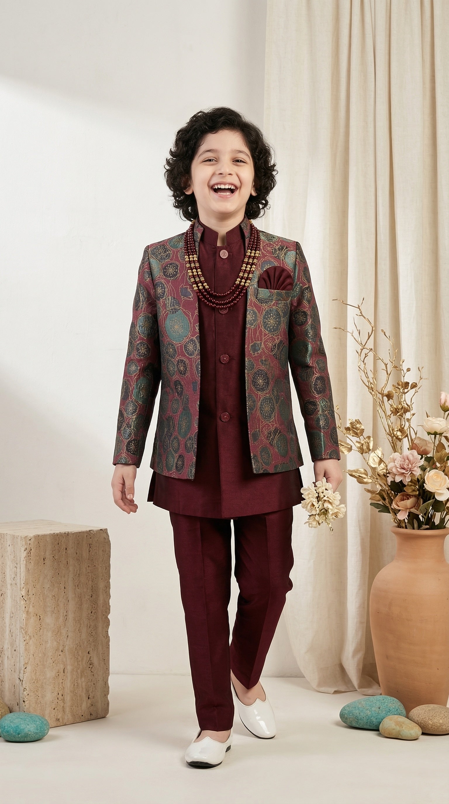 Ahhaaaa Boys 3-Piece Designer Indo-Western Jacket & Kurta Set - Blue, Gold, Maroon (2-11 Years)