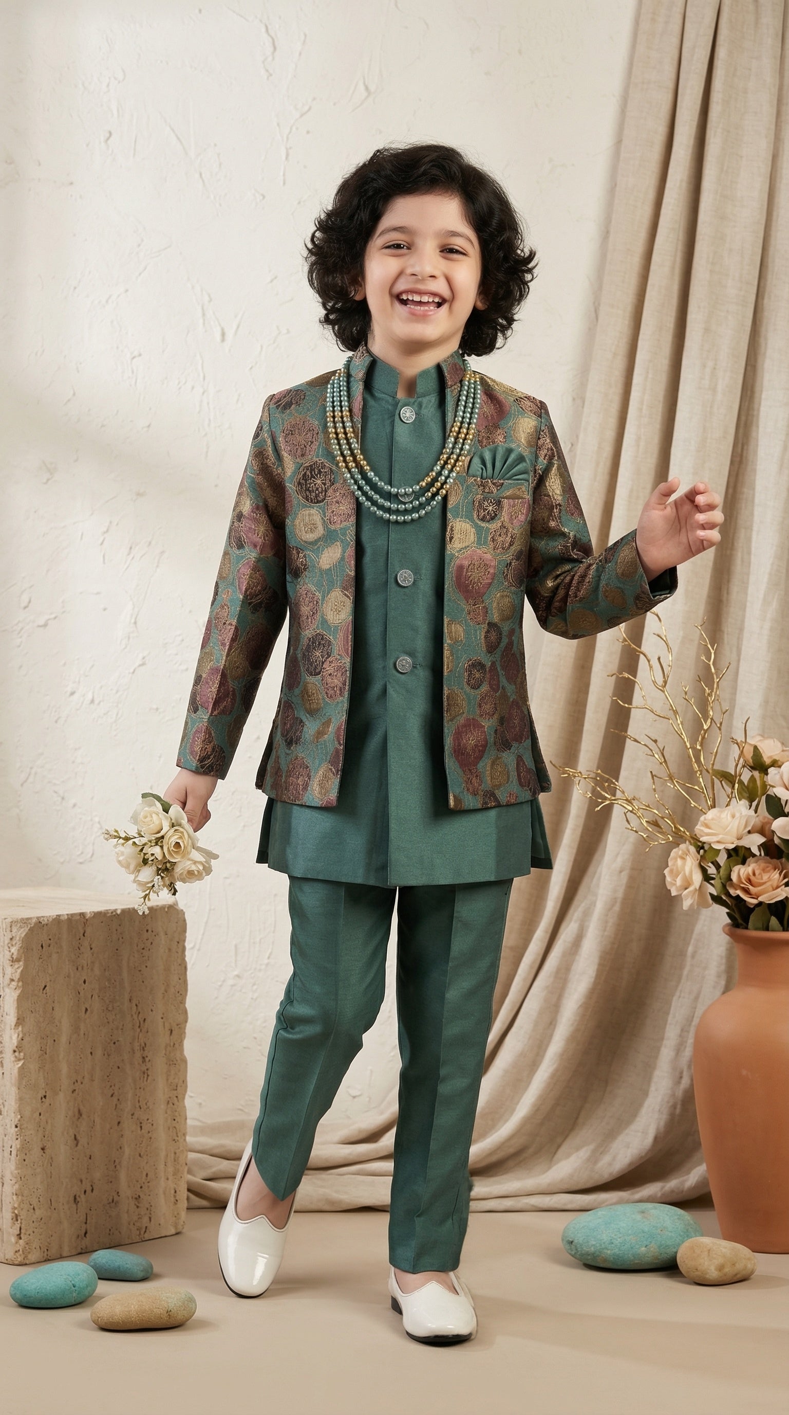 Ahhaaaa Boys 3-Piece Designer Indo-Western Jacket & Kurta Set - Blue, Gold, Maroon (2-11 Years)