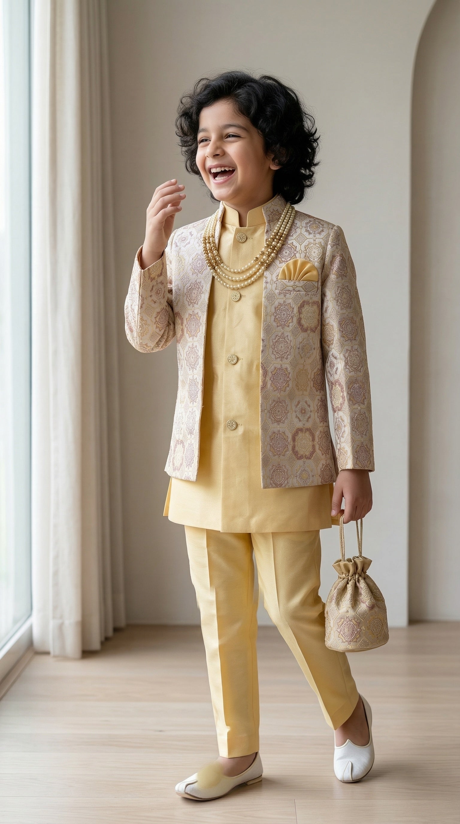 Ahhaaaa Boys' Royal Ethnic Printed Blazer with Sleeveless Kurta, Trouser & Maala Set (2-10 Years)
