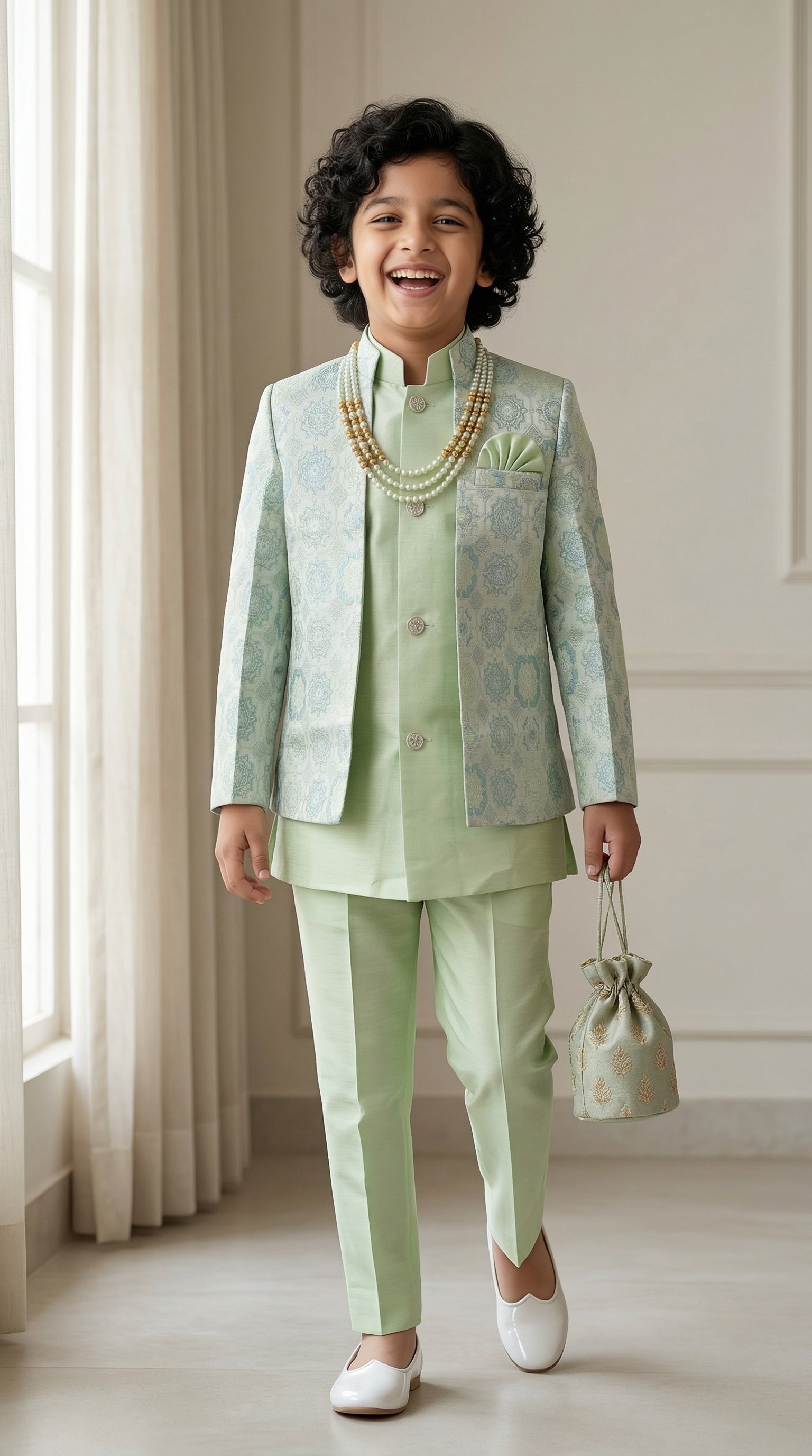 Ahhaaaa Boys' Royal Ethnic Printed Blazer with Sleeveless Kurta, Trouser & Maala Set (2-10 Years)