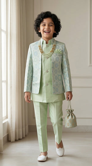 Ahhaaaa Boys' Royal Ethnic Printed Blazer with Sleeveless Kurta, Trouser & Maala Set (2-10 Years)