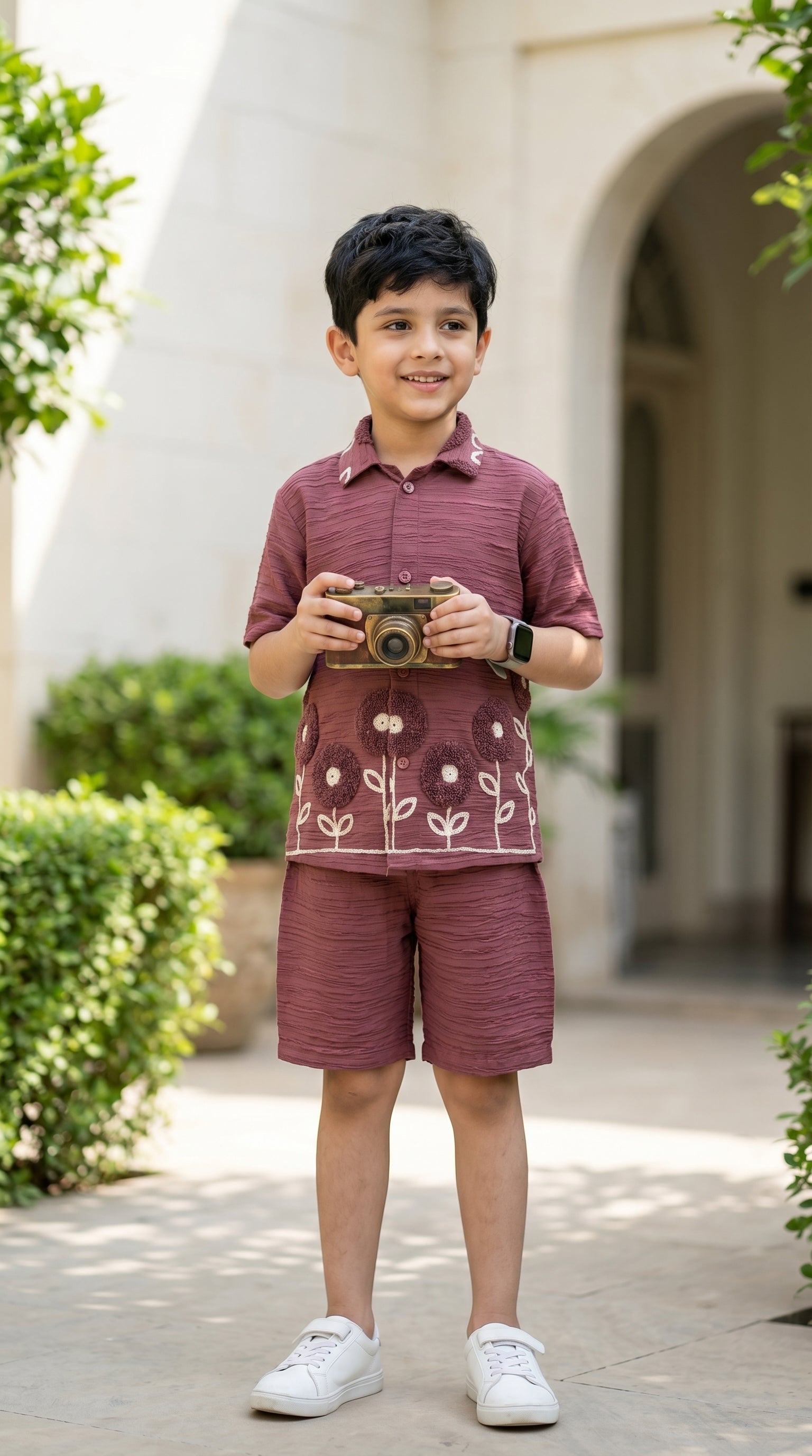 Ahhaaaa Boys Textured Co-ord Set with 3D Floral Embroidery - Shirt & Shorts (Brown, Green, Pink)