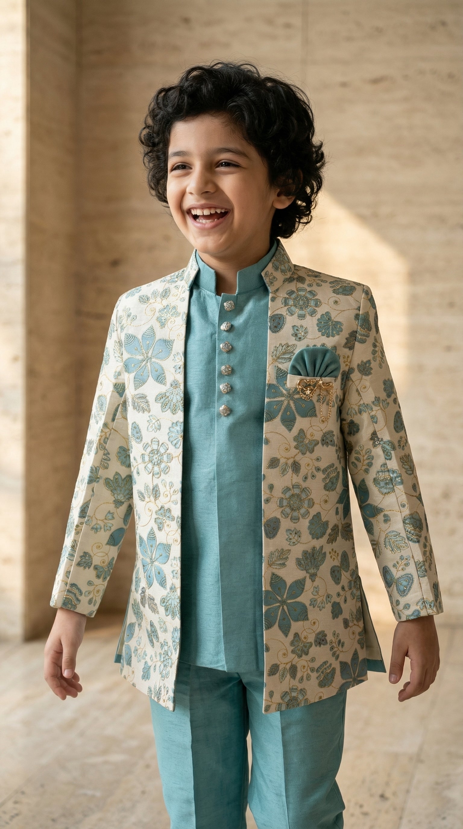 Ahhaaaa Boys 3-Piece Floral Zari Jacket, Sleeveless Kurta & Trouser Set - Blue, Pink, Turquoise
