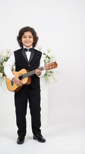 Ahhaaaa Boys Luxury Black Japani Silk Tuxedo Suit with Shoulder Embroidery (2-8 Years)