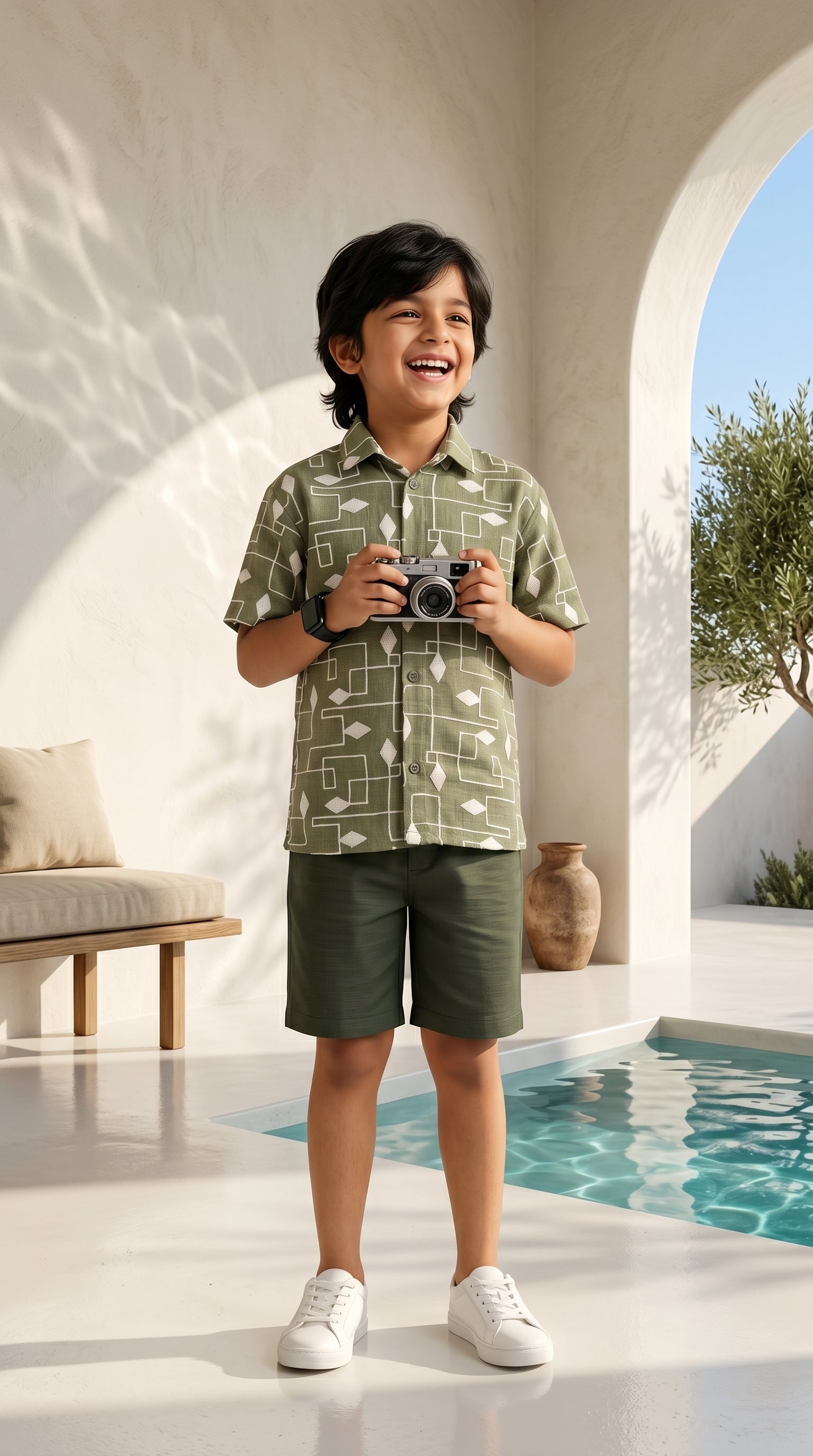 Ahhaaaa Boys 2-Piece Geometric Line-Art Co-ord Set - Brown, Green, Grey (2-12 Years)