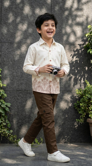 Ahhaaaa Boys Designer Paisley Print Shirt & Cargo Pant Set - Blue, Brown, Pink (2-8 Years)