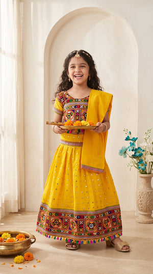 Ahhaaaa Girls' Traditional Dandiya Print Chaniya Choli | Festive Lehenga Blouse & Draped Dupatta 3-Piece Set