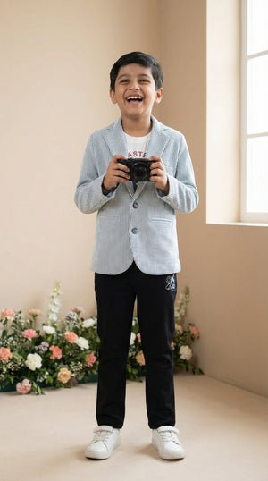 Ahhaaaa Boys' Luxury Japani Silk Striped Indo-Western Blazer & Trouser Set (Ages 2-8Y)