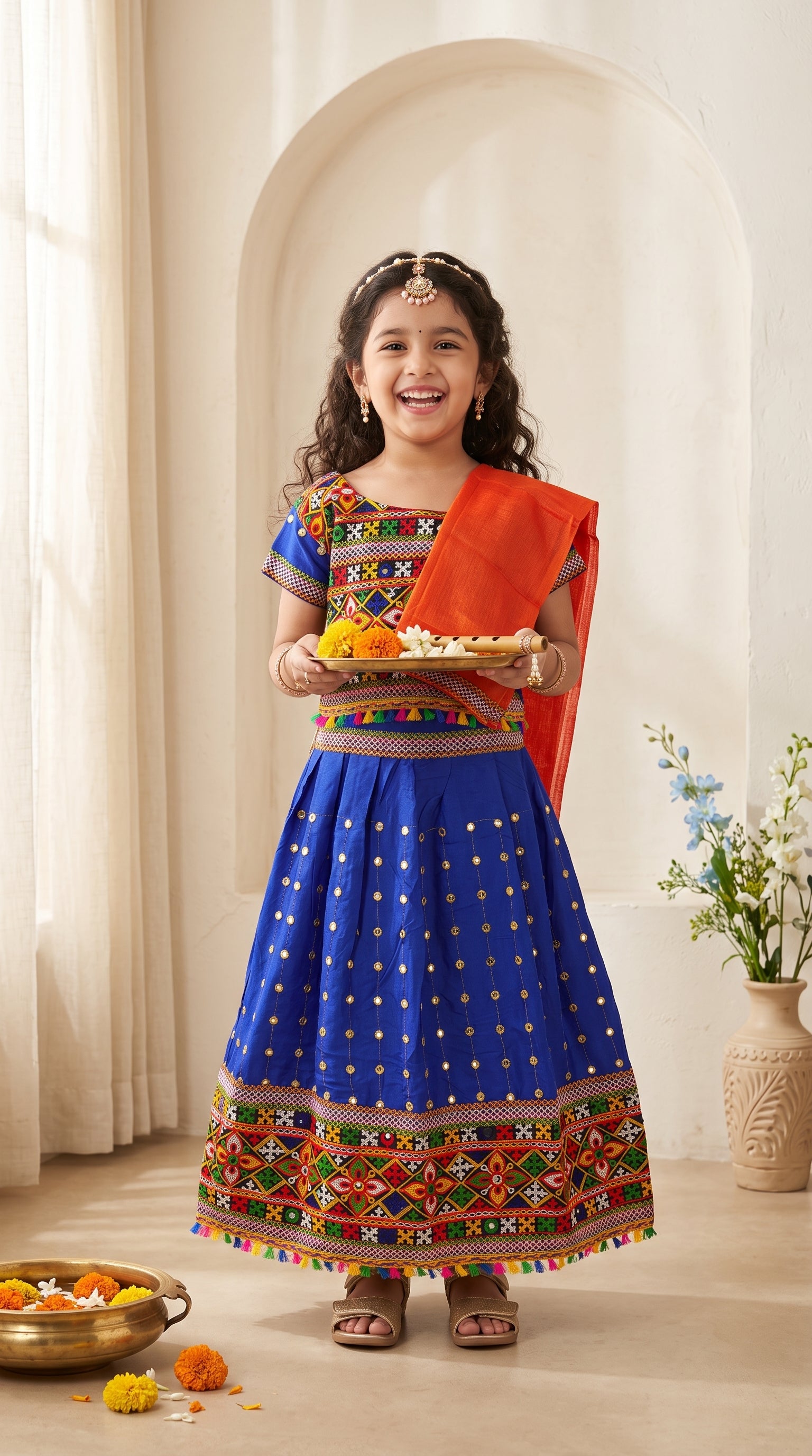 Ahhaaaa Girls' Traditional Dandiya Print Chaniya Choli | Festive Lehenga Blouse & Draped Dupatta 3-Piece Set