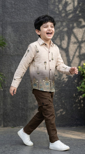 Ahhaaaa Boys Textured Ombre Drop Motif Shirt & Cargo Pant Set - Brown, Green, Pink (2-8 Years)
