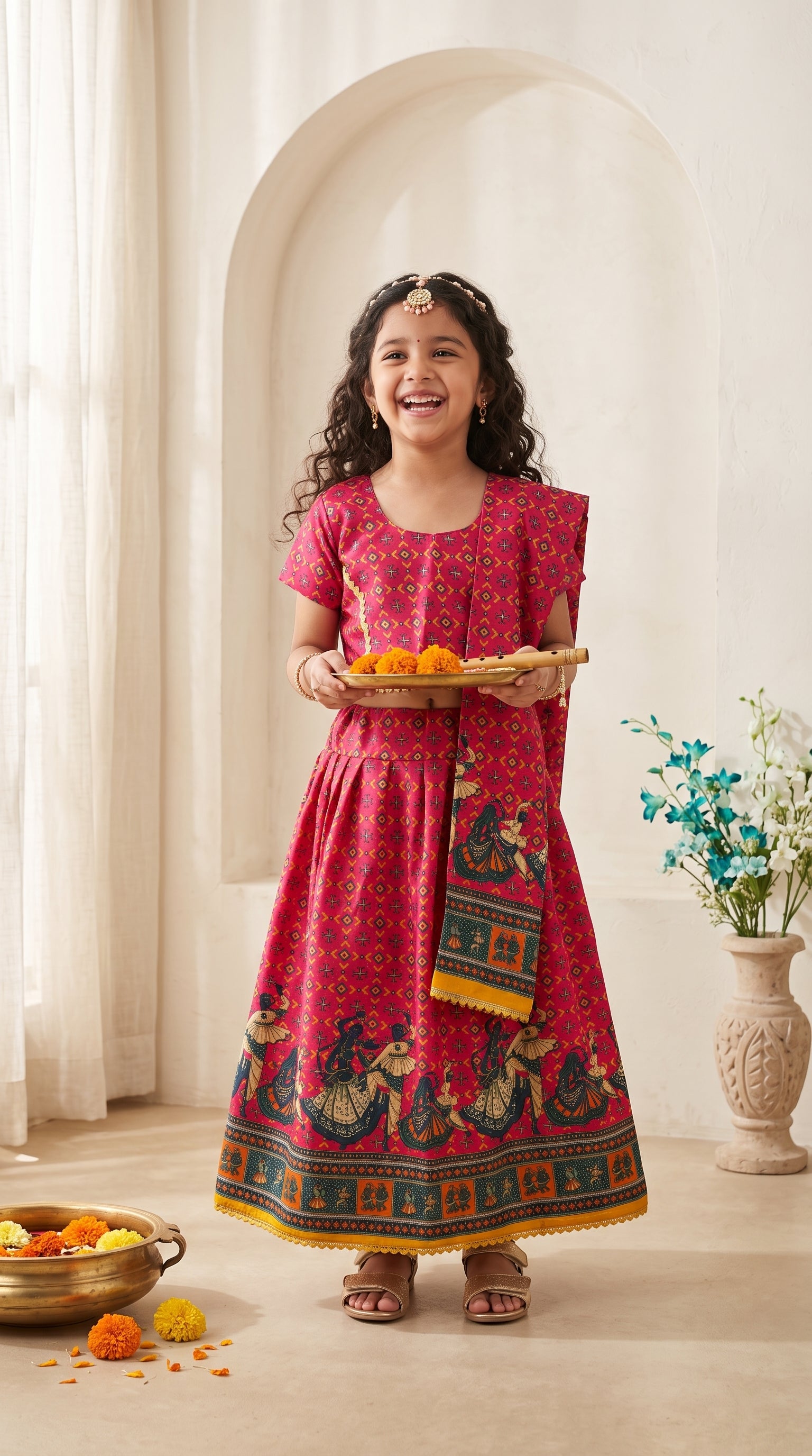 Ahhaaaa Girls' Traditional Dandiya Print Chaniya Choli | Festive Lehenga Blouse & Draped Dupatta 3-Piece Set