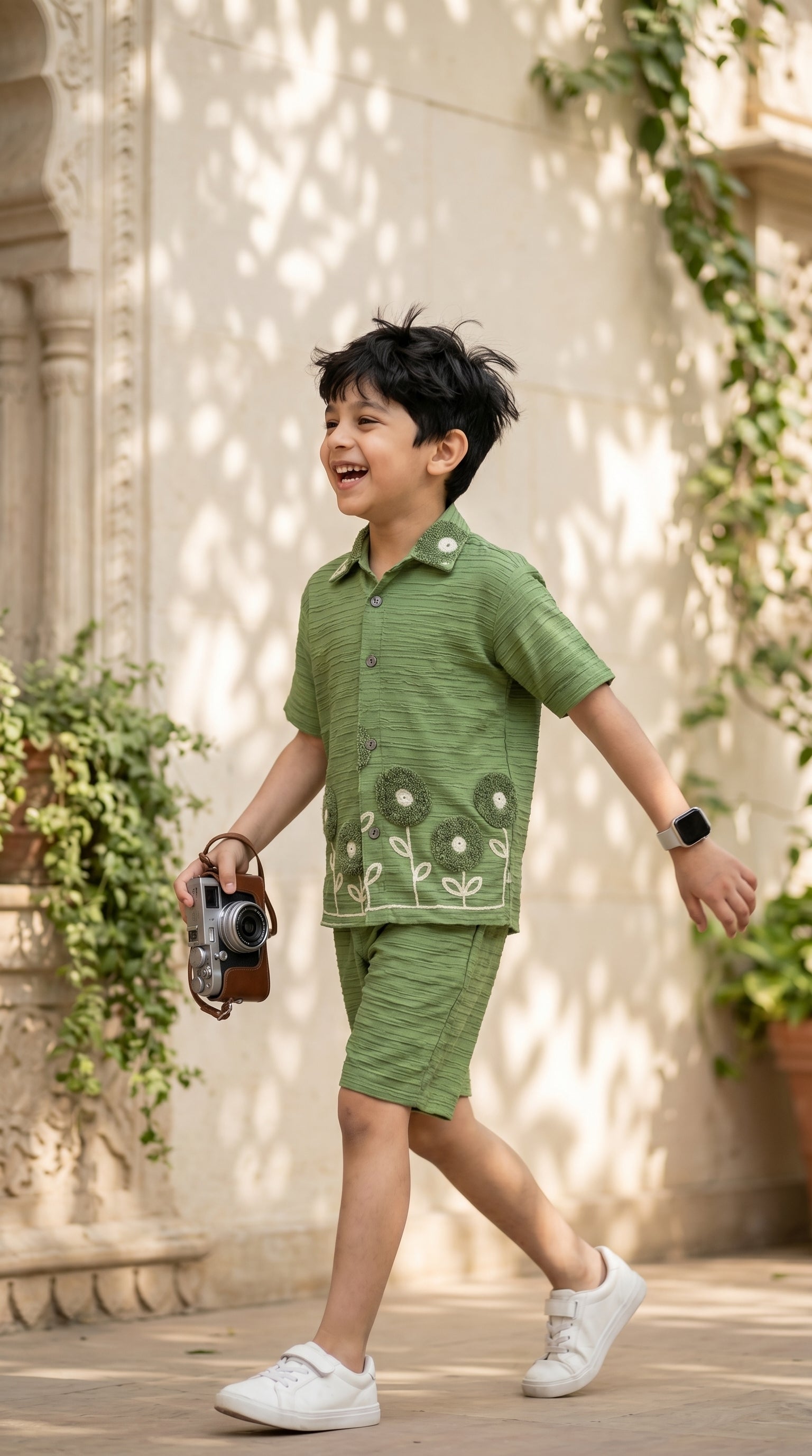 Ahhaaaa Boys Textured Co-ord Set with 3D Floral Embroidery - Shirt & Shorts (Brown, Green, Pink)