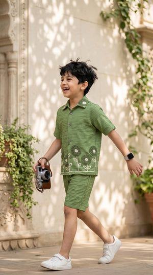 Ahhaaaa Boys Textured Co-ord Set with 3D Floral Embroidery - Shirt & Shorts (Brown, Green, Pink)