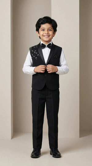 Ahhaaaa Boys Premium Black Japani Silk Tuxedo Set with Sequin Detail (2-8 Years)