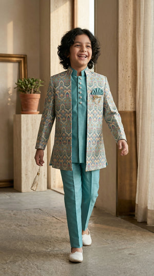Ahhaaaa Boys Designer Indo-Western Jacket Set with Brooch & Jeweled Buttons (2-11 Years)