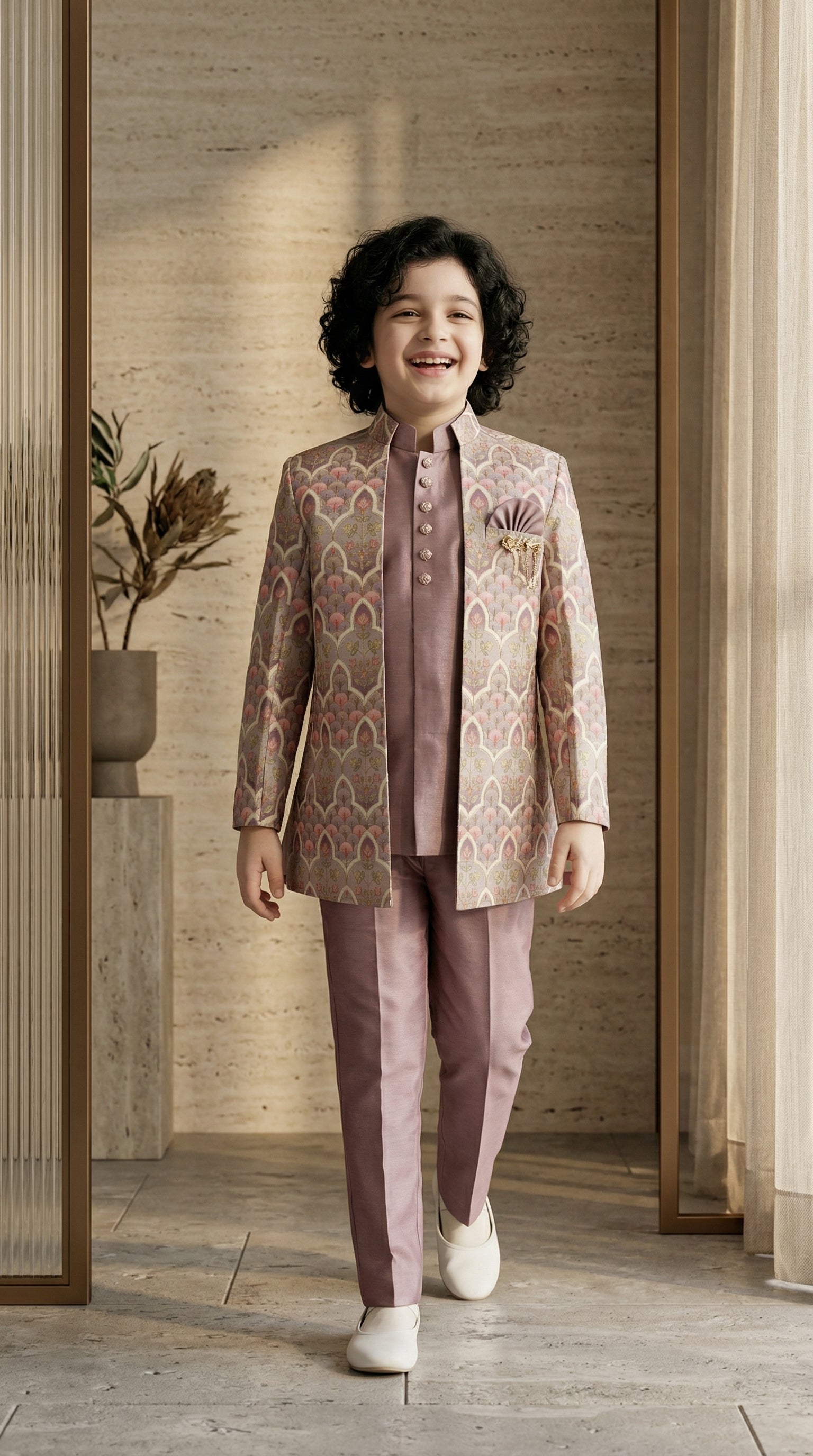 Ahhaaaa Boys Designer Indo-Western Jacket Set with Brooch & Jeweled Buttons (2-11 Years)
