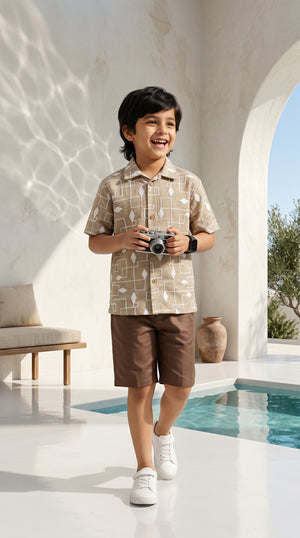 Ahhaaaa Boys 2-Piece Geometric Line-Art Co-ord Set - Brown, Green, Grey (2-12 Years)