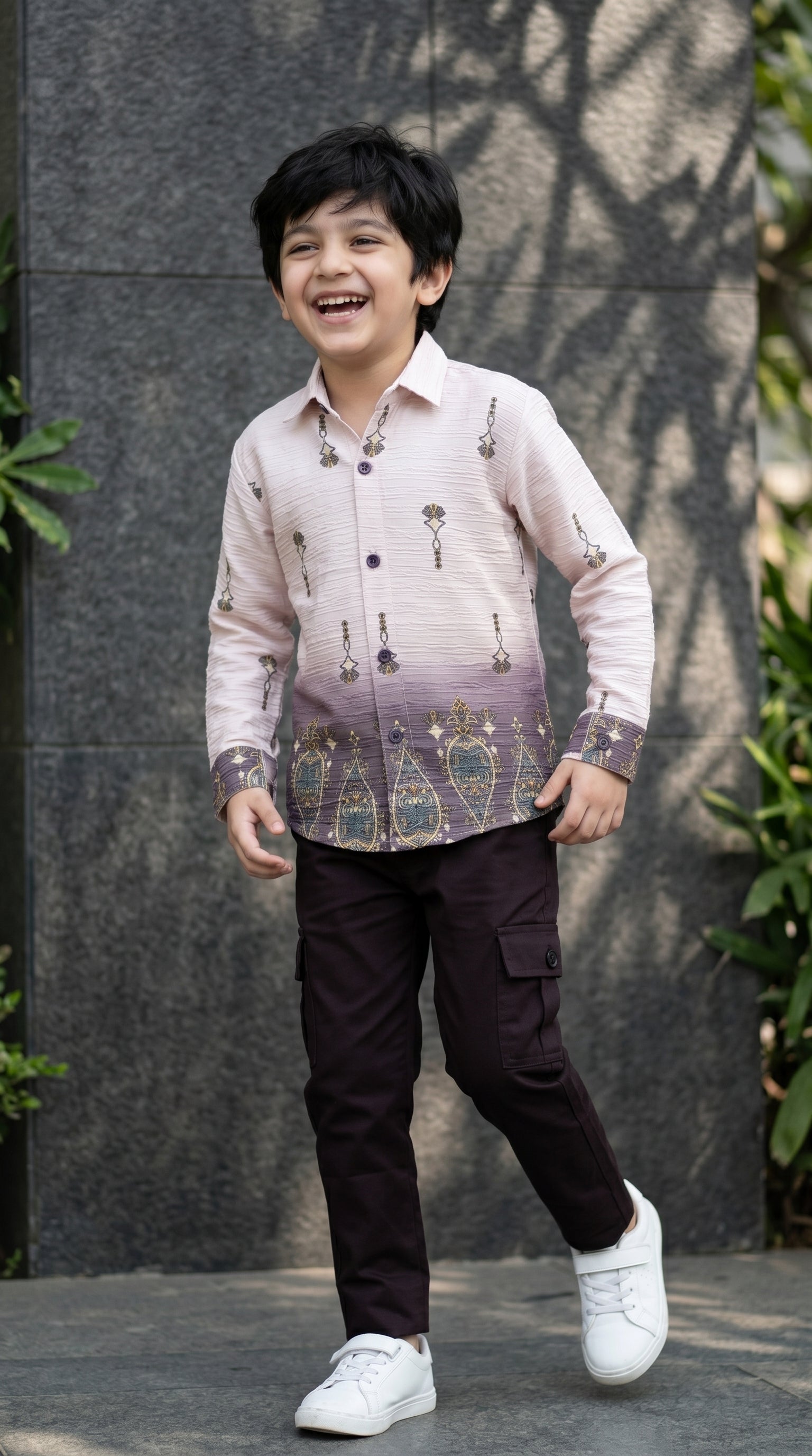 Ahhaaaa Boys Textured Ombre Drop Motif Shirt & Cargo Pant Set - Brown, Green, Pink (2-8 Years)