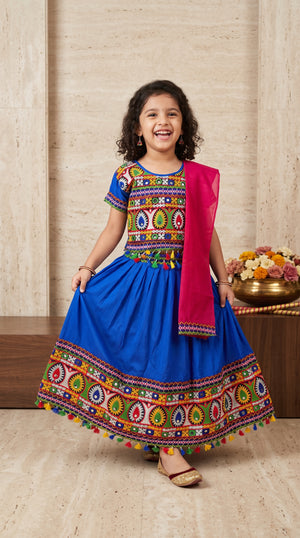 Ahhaaaa Girls' Traditional Embroidered Navratri Chaniya Choli | Festive Lehenga Blouse & Dupatta 3-Piece Set