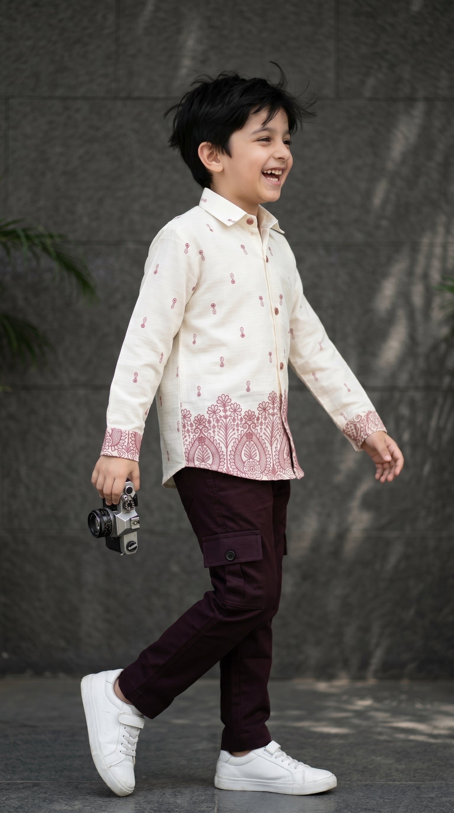 Ahhaaaa Boys Designer Paisley Print Shirt & Cargo Pant Set - Blue, Brown, Pink (2-8 Years)