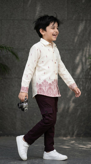 Ahhaaaa Boys Designer Paisley Print Shirt & Cargo Pant Set - Blue, Brown, Pink (2-8 Years)