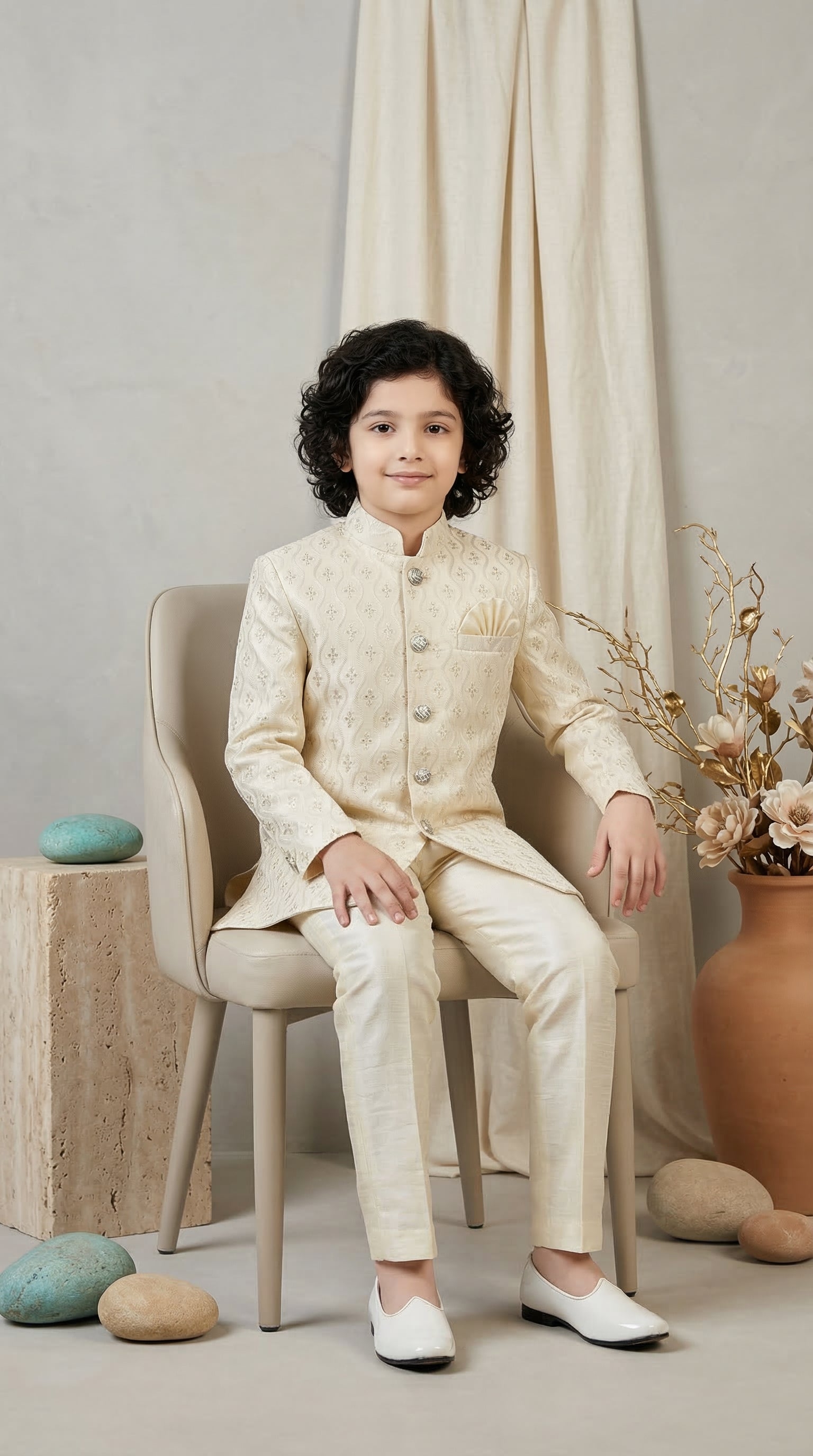 Ahhaaaa Boys Designer Jodhpuri Bandhgala Suit Set - Green, Pink, Cream (2-11 Years)