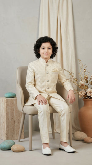 Ahhaaaa Boys Designer Jodhpuri Bandhgala Suit Set - Green, Pink, Cream (2-11 Years)