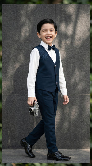 Ahhaaaa Boys 3-Piece Formal Waistcoat Suit Set with Shirt & Bow Tie - Black, Navy, Wine (2-8 Years)