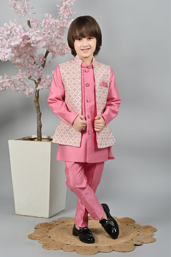 Ahhaaaa Kids Sequin Embedded Indo-Western Kurta, Pajama and Waistcoat Set for Boys Pink