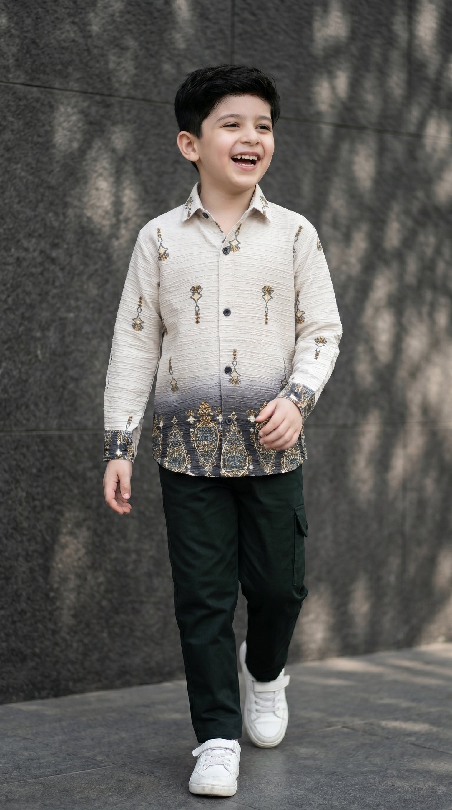 Ahhaaaa Boys Textured Ombre Drop Motif Shirt & Cargo Pant Set - Brown, Green, Pink (2-8 Years)