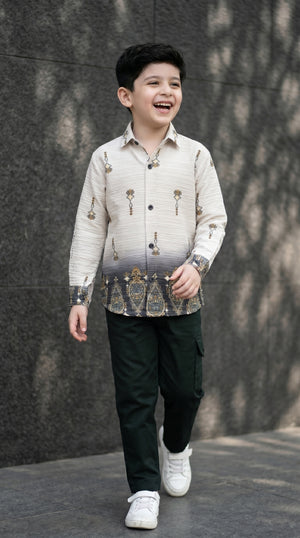 Ahhaaaa Boys Textured Ombre Drop Motif Shirt & Cargo Pant Set - Brown, Green, Pink (2-8 Years)