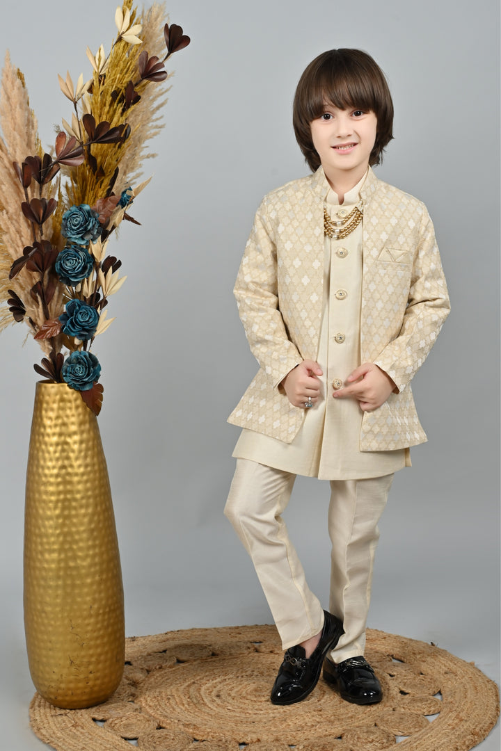 Ahhaaaa Kids Zari Work Indo-Western Kurta, Pajama and Waistcoat Ethnic Set For Boys